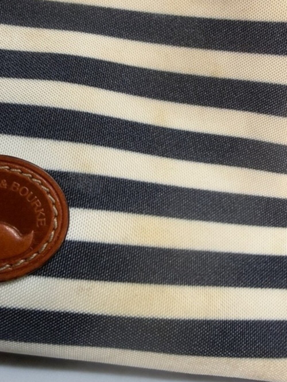 Vintage Dooney & Bourke Navy and Cream Striped Crossbody with Brown Leather Trim - Picture 4 of 5